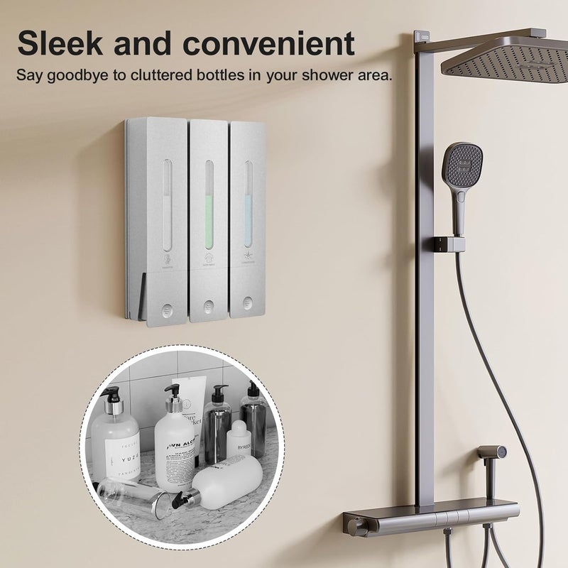 Aeakey Shampoo and Conditioner Dispenser - Wall-Mounted 3-Chamber Shower Soap Dispenser, No-Drill, 1200ML Capacity, for Bathroom & Hotel - Image 2